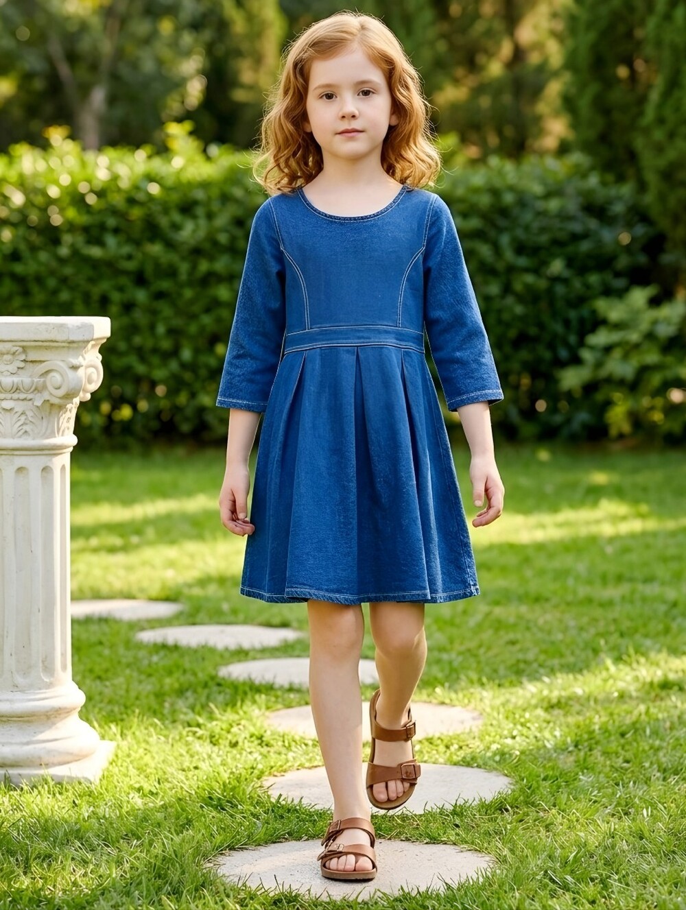 Fabkids Girls Denim Skater Dress Indigo Knit Pink Contrast Back Zip Sz XL EUC